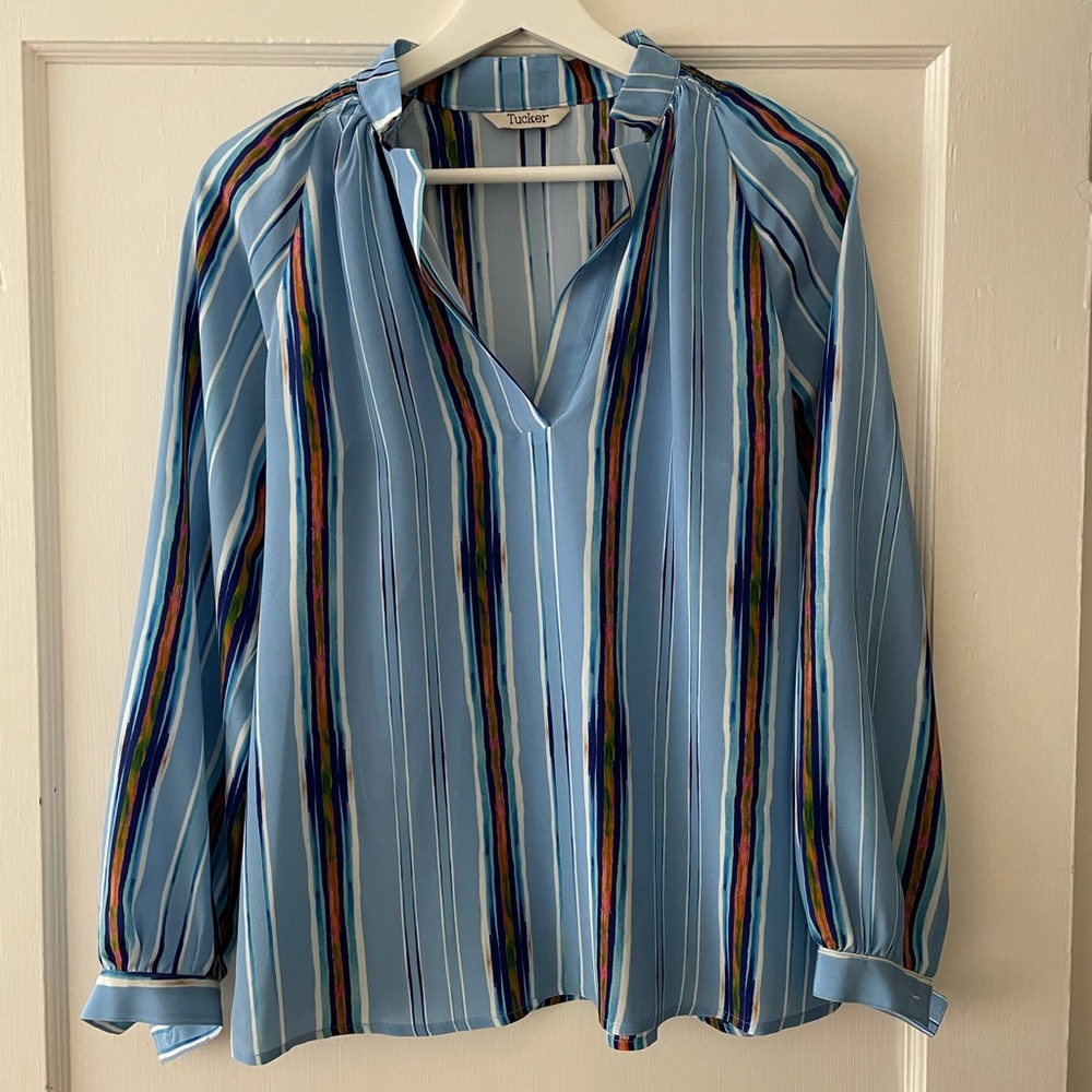 Tucker Blue Watercolor Stripe Silk Top